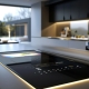 A closeup of a sleek modern kitchen countertop with integrated technology and a digital interface