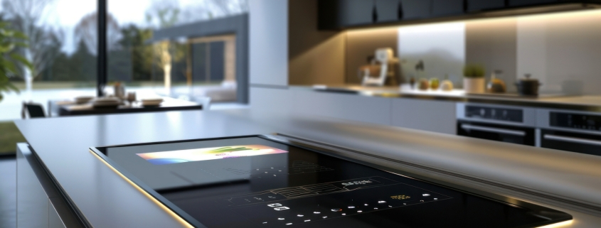 A closeup of a sleek modern kitchen countertop with integrated technology and a digital interface
