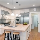 Amazing Luxury Kitchen Interior in white with wooden floor and kitchen island.
