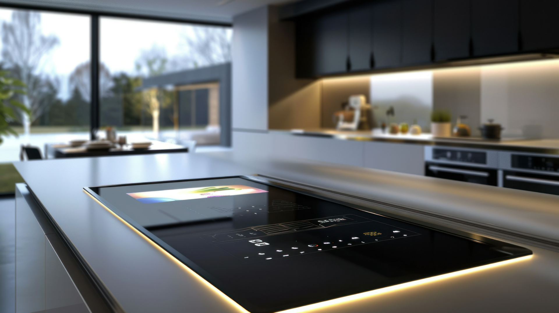 A closeup of a sleek modern kitchen countertop with integrated technology and a digital interface