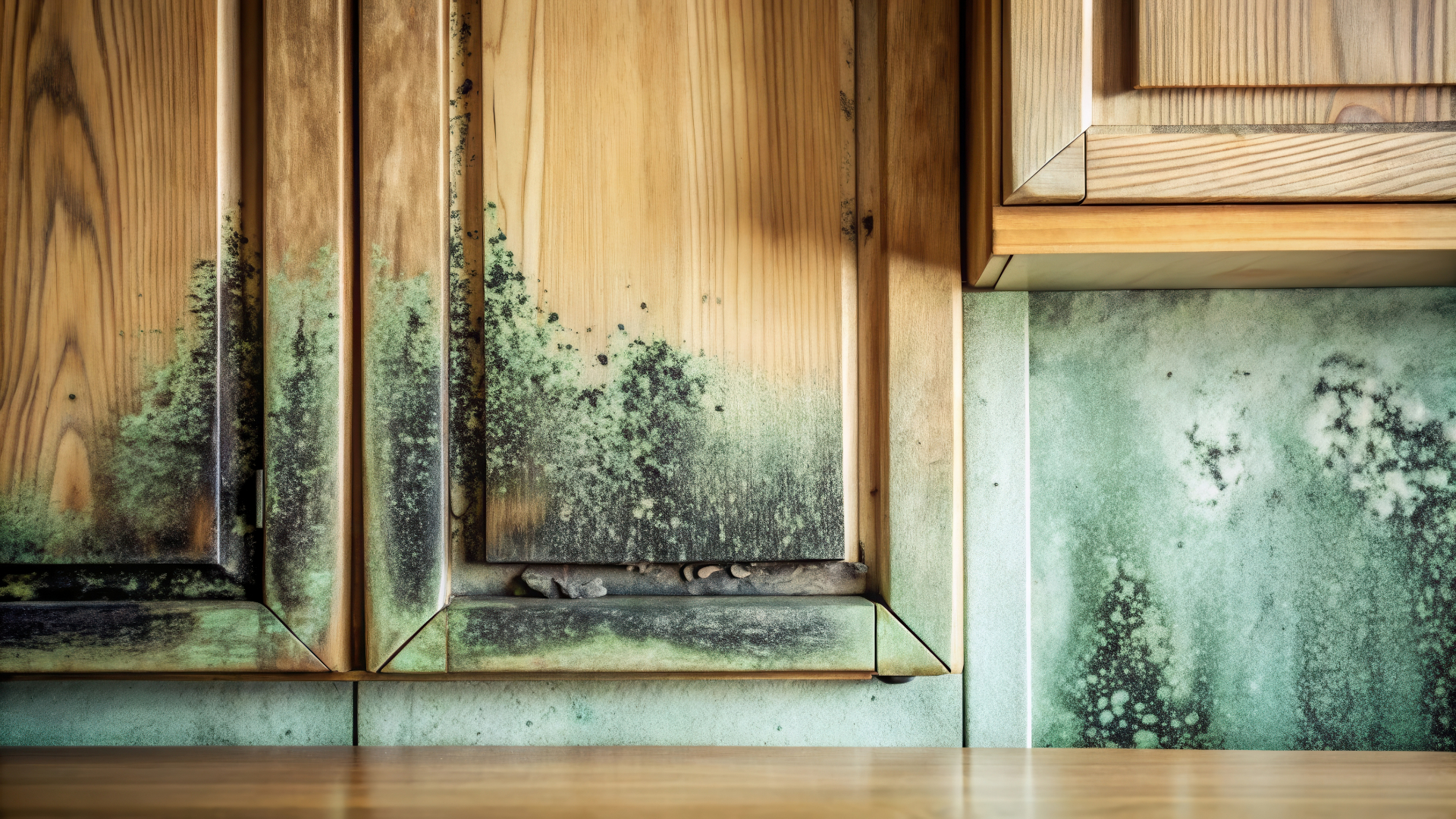 Mold Infestation on Wooden Cabinets and Walls A Close-Up View of Extensive Damage