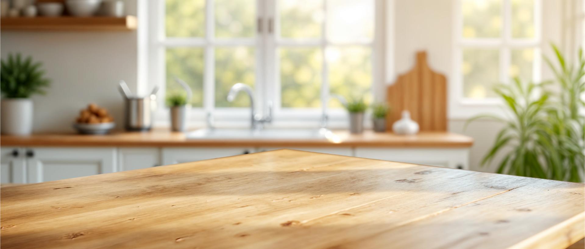 Bright kitchen with wooden tabletop.
