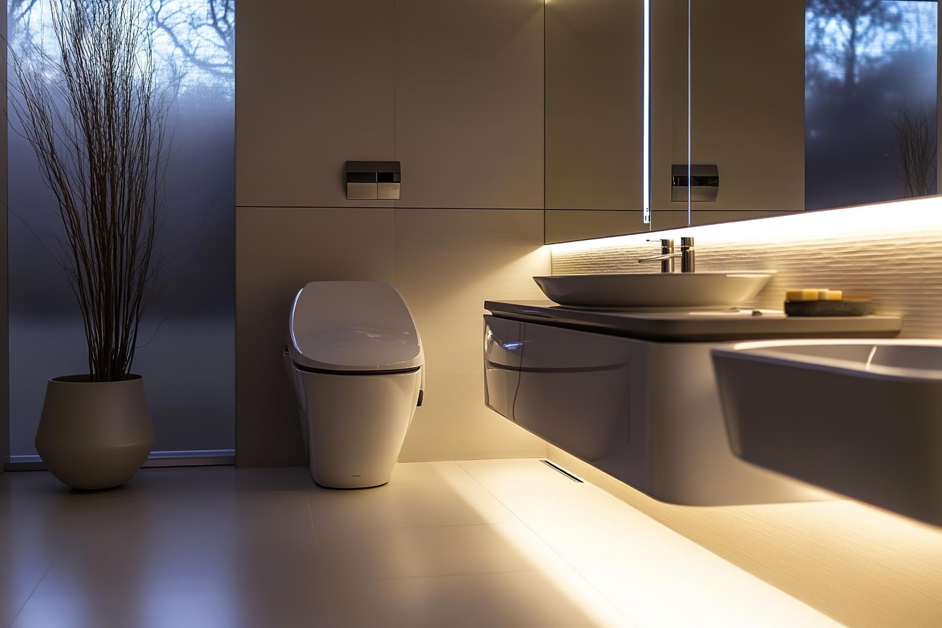 creative modern bathroom design featuring sleek toilet minimal decor and large mirror