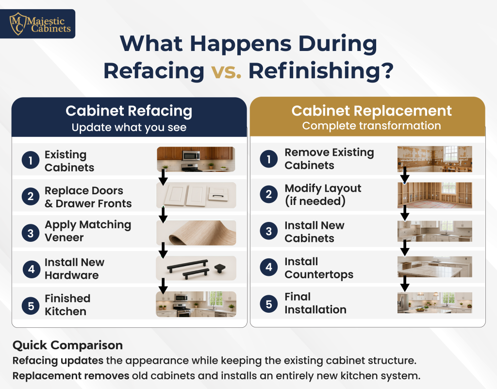Cabinet refacing vs refinishing process and key differences