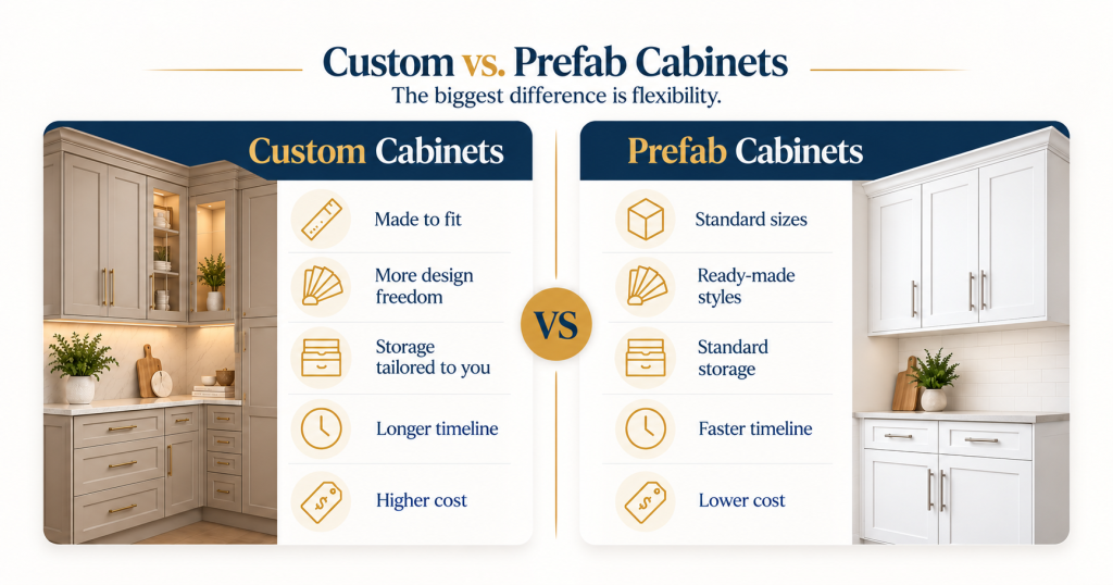 Custom vs. prefab cabinets showing the differences in design, size, materials, and kitchen installation options