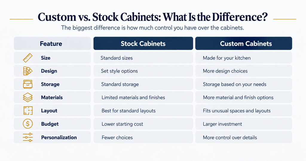 Comparison of custom and stock kitchen cabinets