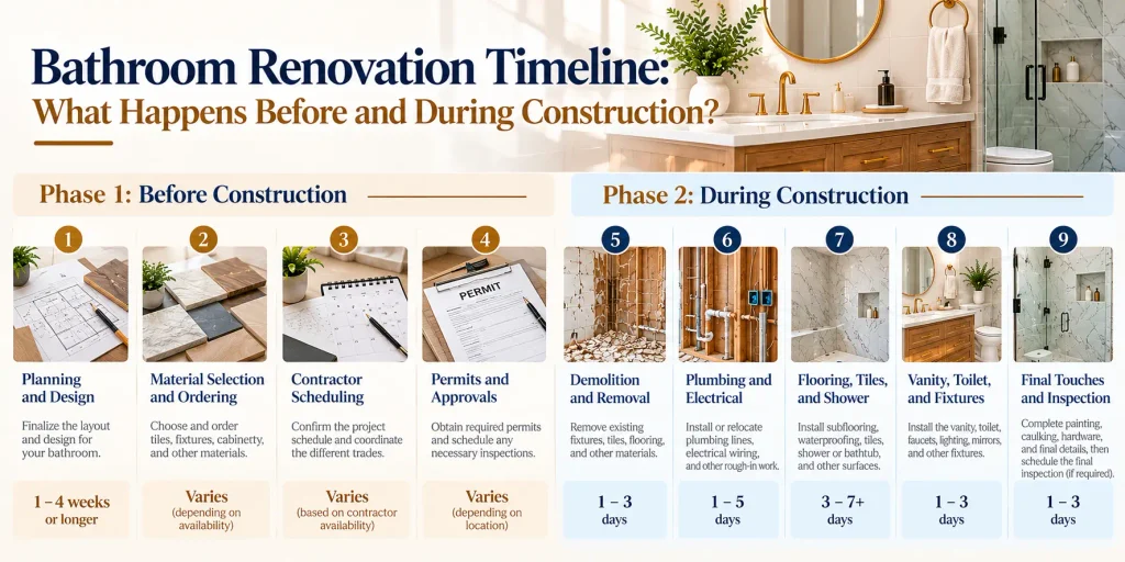Bathroom renovation timeline showing planning, material selection, permits, demolition, installation, and final inspection