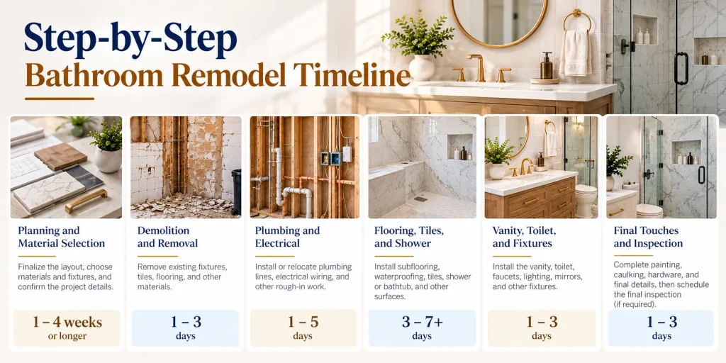 Step-by-step bathroom remodel timeline showing six renovation stages from planning and demolition to final inspection.